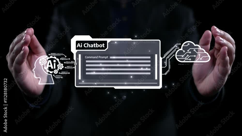 Poster human interact with ai artificial intelligence virtual assistant chatbot in concept of ai artificial
