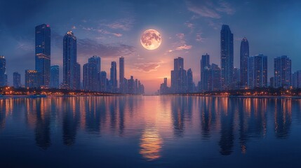 Obraz premium Full moon rising over a calm city skyline reflected in still water at twilight.
