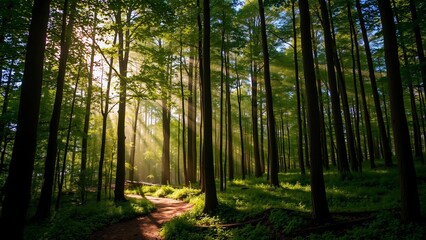 Sunbeams Filtering Through a Lush Green Forest
