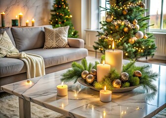 Obraz premium Aerial View of Modern Light Marble Table with Festive Decorations in Cozy Living Room Setting