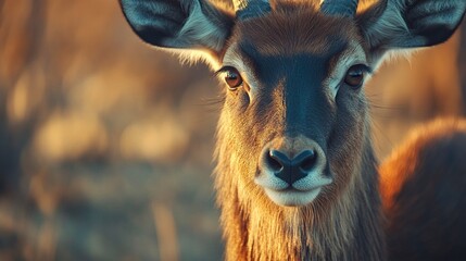Waterbuck close-up detail, Kobus ellipsiprymnus, large antelop. Nice African animal in the nature habitat. Wildlife from nature. Evening.