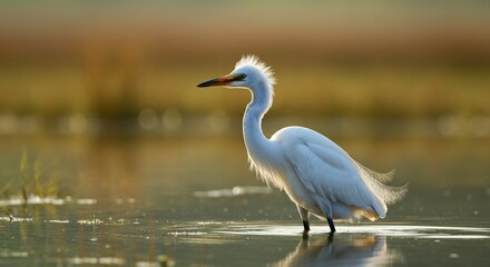Obraz premium Graceful white egret in serene wetland habitat at sunrise