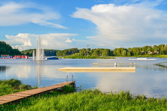 Beautifully located wake park or water ski park on the lake near P&otilde;lva, Polwa with water and green trees in summer, in southern Estonia
