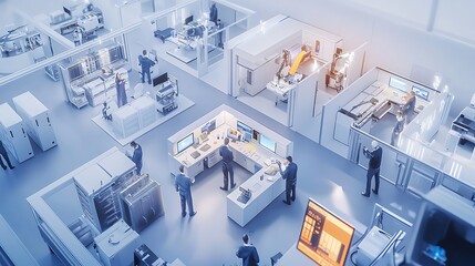 A group of people are working in a large office space with cubicles and desks