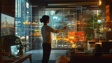 A woman is standing in front of a computer screen