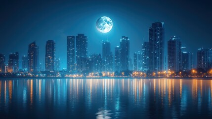Fototapeta premium Night cityscape skyline reflected in water with a large full moon.