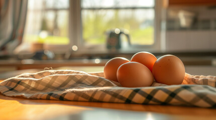 Fresh eggs close-up on rustic surface with blurred kitchen background. Natural lighting macro photography of breakfast ingredients.