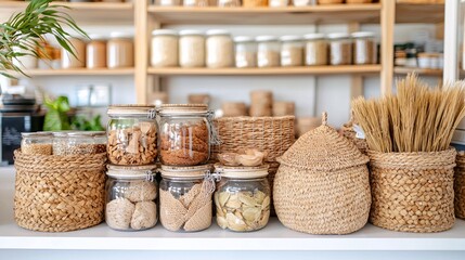 Eco friendly organized concept. Natural storage containers filled with grains and dried goods arranged on a wooden shelf.