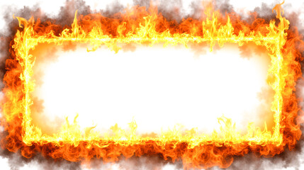 Glowing fire rectangular frame isolated on white, burning flames with bright heat, orange and red light, realistic fiery effect, blazing border, hot flame edges, warm glow, burning design