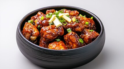 Fototapeta premium Delectable Korean Spicy Chicken Drumsticks Served in Bowl with Garnishes