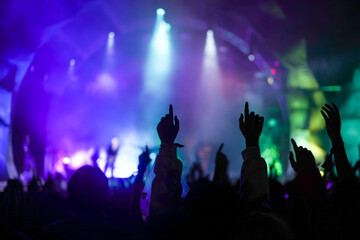 Silhouettes of hand raised of a young fans during the performance of a musical ensemble.