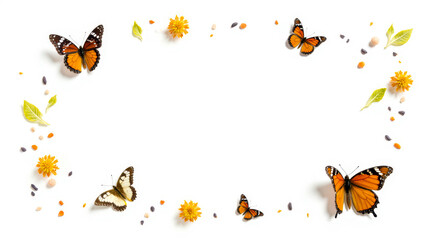 Fototapeta premium Butterfly and flower frame isolated on white background, graphic design, invitations, and decorative purposes. Features vibrant butterflies and colorful flowers creating beautiful border