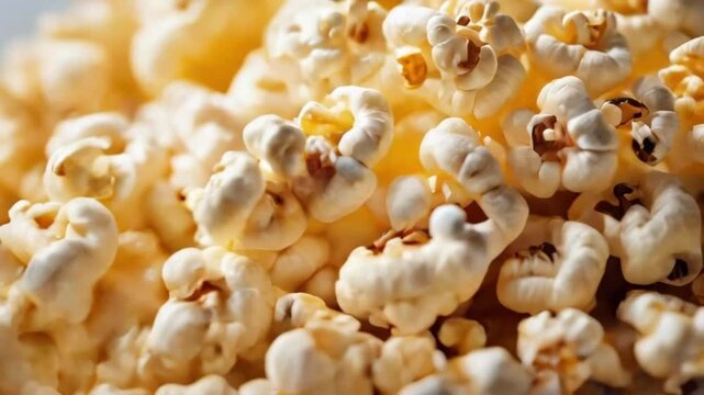 realistic motion video of popcorn pile in a bowl and on a white table