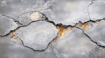 Weathered concrete wall with cracks and peeling textures revealing orange-yellow substrate.
