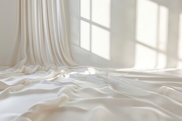 Soft white fabric drapes elegantly on the floor in a sunlit room with gentle shadows from nearby windows