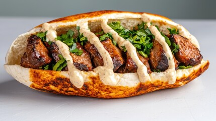 Delicious Grilled Sausage Sandwich with Fresh Greens on Toasted Baguette
