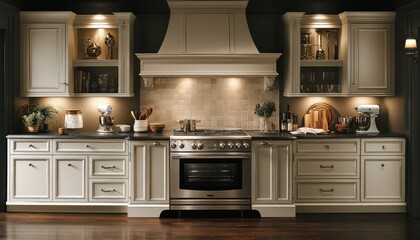 Fototapeta premium Elegant cream kitchen with stainless steel appliances and dark countertops. This image showcases high-end kitchen design for home decor or real estate listings.