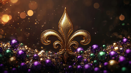 An elegant golden Mardi Gras Carnival Fleur-de-Lis in a burst of purple, green, and gold beads, shining metallic textures, sparkling glitter accents soft glowing effect, minimalistic festive design