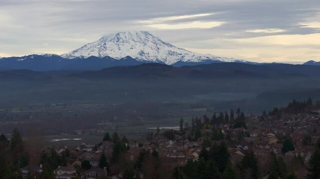 Mount Rainier with Suburban Landscape and Misty Orting Valley