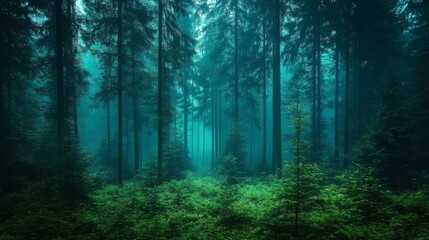 Fototapeta premium Mystical Forest Path Enveloped In Misty Green