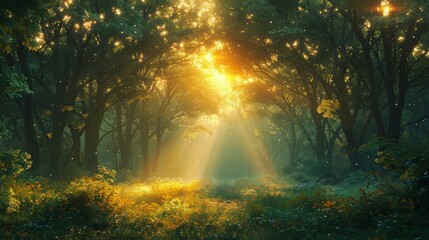 A forest with a bright sun shining through the trees