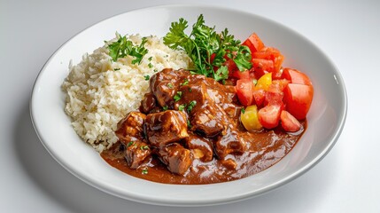 Fototapeta premium Appetizing Homemade Stew Dish with Rice and Colorful Vegetable Garnish on a White Plate
