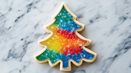Rainbow sugar cookie in Christmas tree shape.