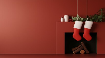 Festive Fireplace with Hanging Stockings and Copy Space for Christmas Messages