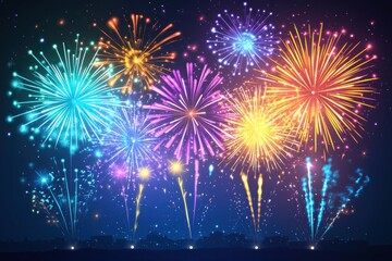 Naklejka premium Colorful Fireworks Display Over City Skyline at Night