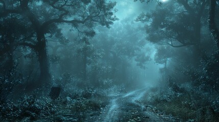 Obraz premium A dark forest with a road in the middle