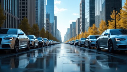 Obraz premium A high-angle shot capturing an empty urban street lined with neatly parked cars on both sides.