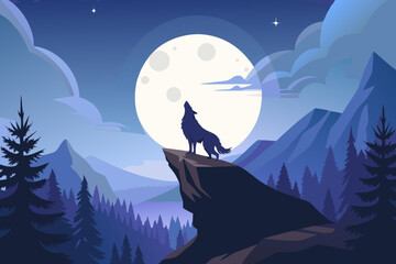 Wolf howling on a cliff under a full moon isolated vector illustration