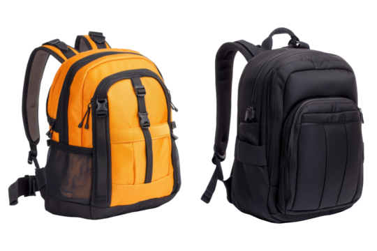 Set of orange and black backpacks isolated on transparent background