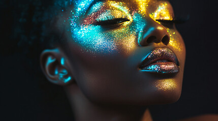 Holographic skin effect on a Black woman, highlighting modern beauty trends with reflective makeup, perfect for futuristic beauty and  photography.