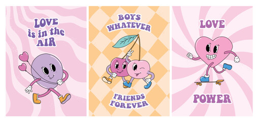 Groovy Valentine's day cards, posters, prints, wallpapers, banners, invitations decorated with retro cartoon characters and quotes. EPS 10