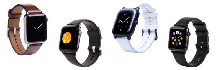 Set of modern smartwatches with various straps and displays isolated on transparent background