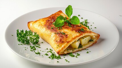 Freshly Baked Savory Pastry Filled with Aromatic Herbs and Garnished on White Plate