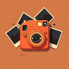 Stylized orange retro camera with instant photos fanned behind it.