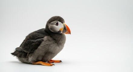 Adorable atlantic puffin chick on minimalist white background