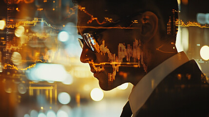 Businessman Silhouette with Financial Data Overlay Analyzing Market Trends, Stock Prices, and Economic Growth in Modern Urban Environment