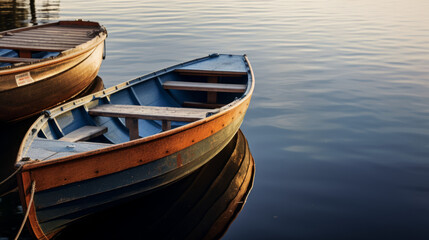 A serene shot of boats tied to a wooden dock, with soft ripples in the calm water.