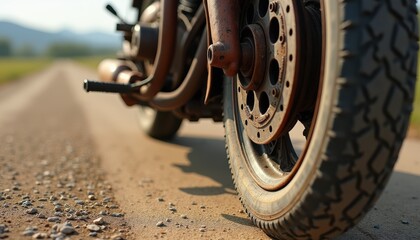 A detailed close-up of the rugged wheels of an old motorcycle resting on a dusty country road.