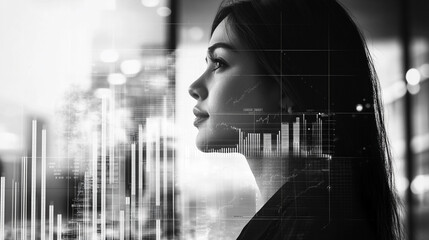 Profile of a Thoughtful Woman with Digital Data Overlays Representing Financial Growth and Technology in a Modern Office Setting