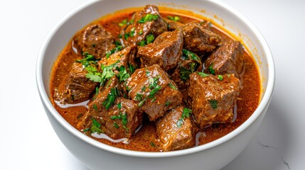 Fototapeta premium Flavorful Indian Style Beef Curry Stew in Bowl with Fresh Herbs and Spices