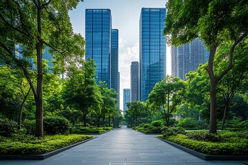 Downtown city skyline with skyscrapers, roads, and traffic in an urban business district