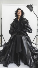 Elegant woman in dramatic black fashion attire posing in studio