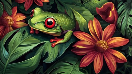 wildlife. Red-eyed Tree Frog. Beautiful frog from tropical forest. Jungle animal on the red flower bloom. Green leave, frog with red eye.