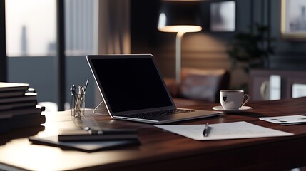 A laptop is open on a desk with a cup of coffee and a pen