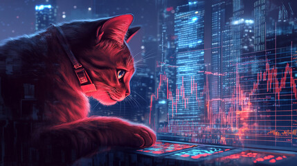 Curious Cat Observing Stock Market Trends on a Futuristic Digital Screen with Glowing Graphs in a Metropolis at Night