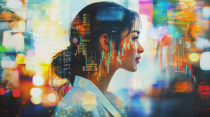 Profile view of a woman with a digital overlay of stock market data, reflecting the intersection of technology, finance, and modern business dynamics